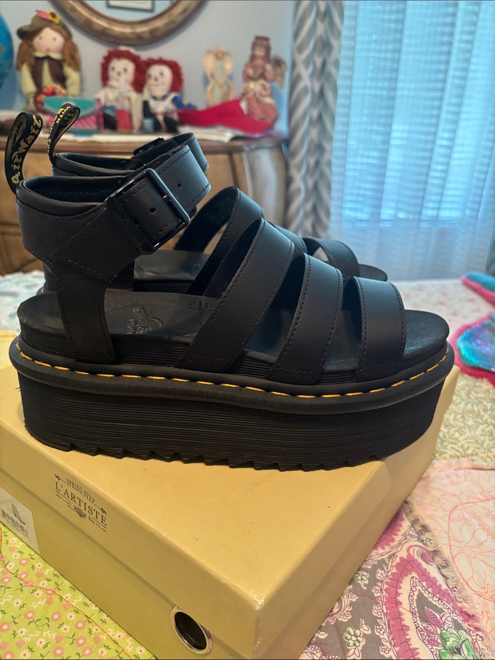 Dr. Martens Women Black Platform Strappy Sandals with Yellow Stitching-NWOT - Picture 2 of 10